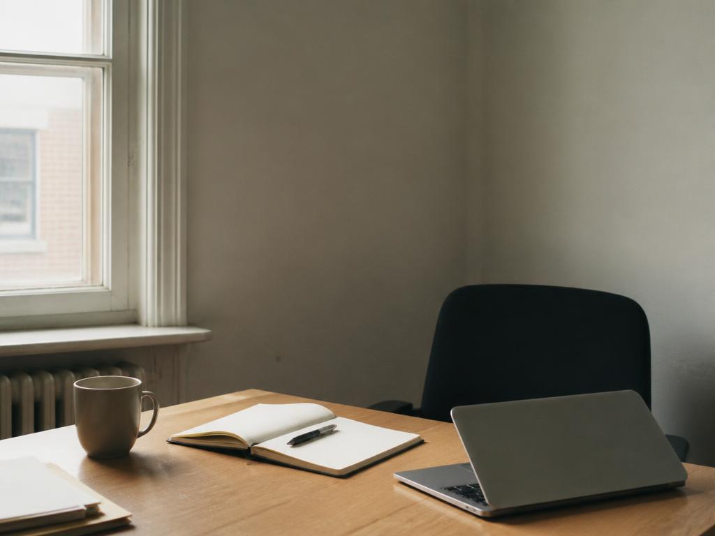 A quiet office desk with an open notebook, pen and laptop by a window