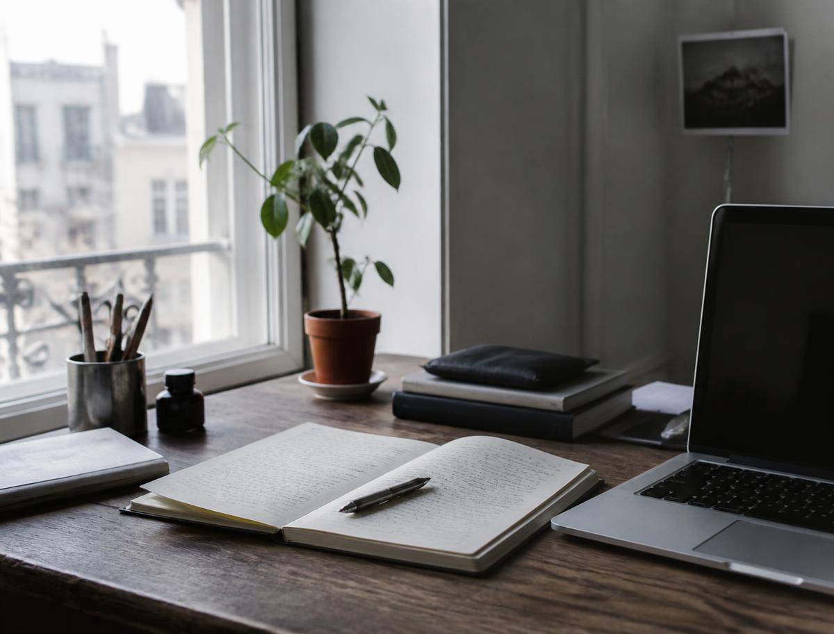 A quiet office desk with an open notebook, pen and laptop by a window