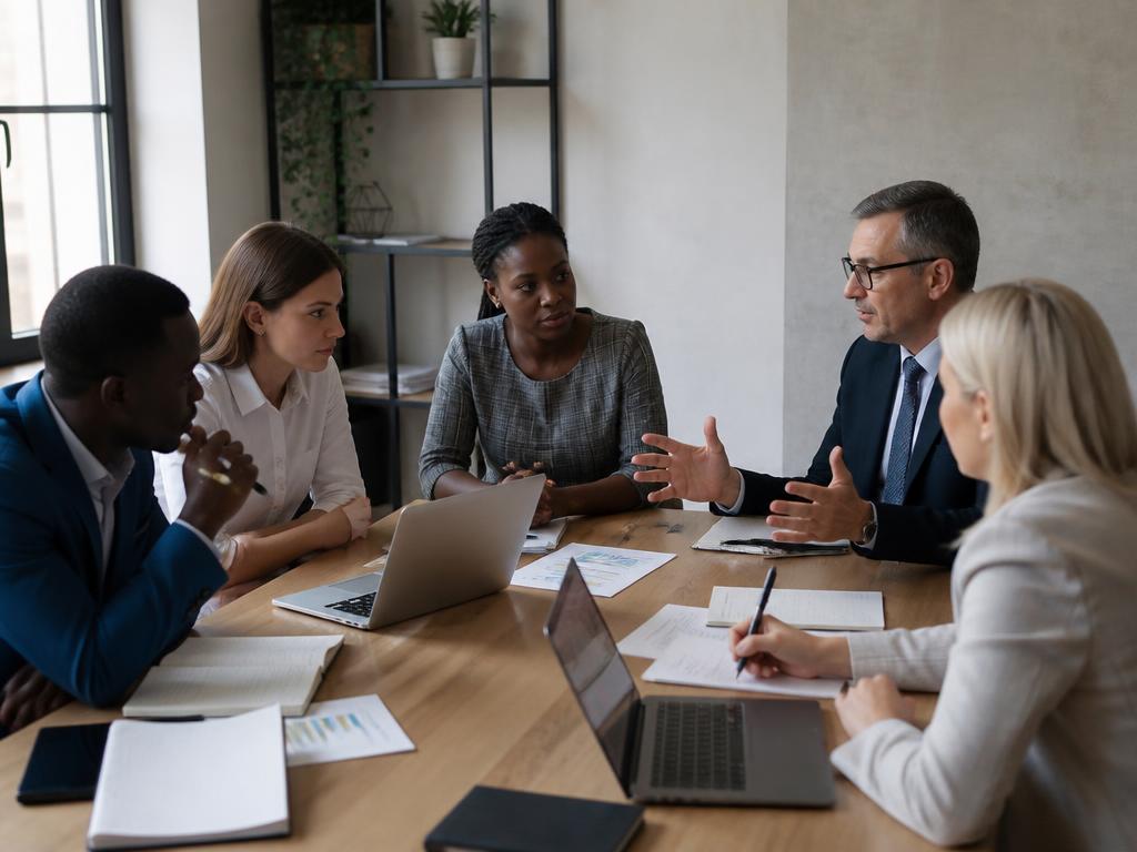 Colleagues in business dress in discussion around a meeting table