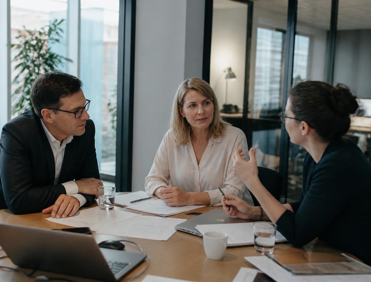 Colleagues in business dress in discussion around a meeting table