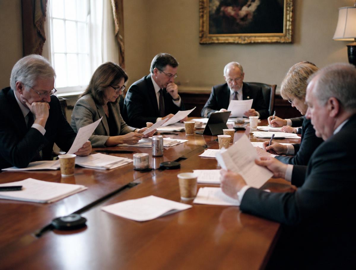 Board members reviewing printed governance documents around a long table