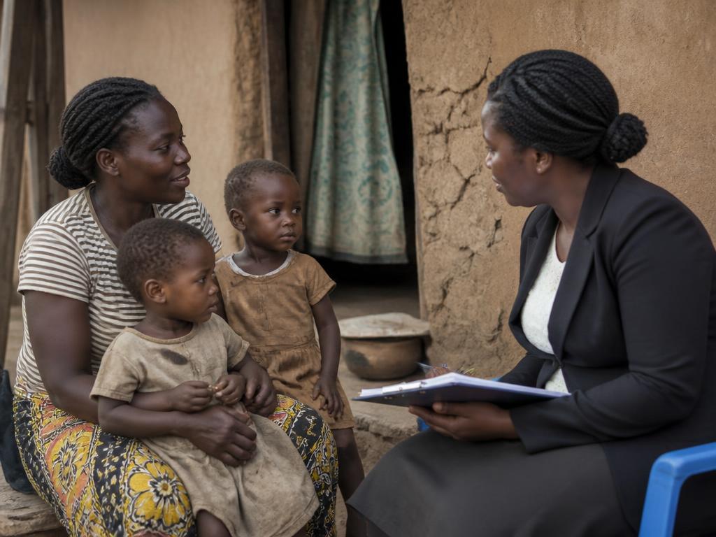 A case worker talking with a mother and her two young children outside their home