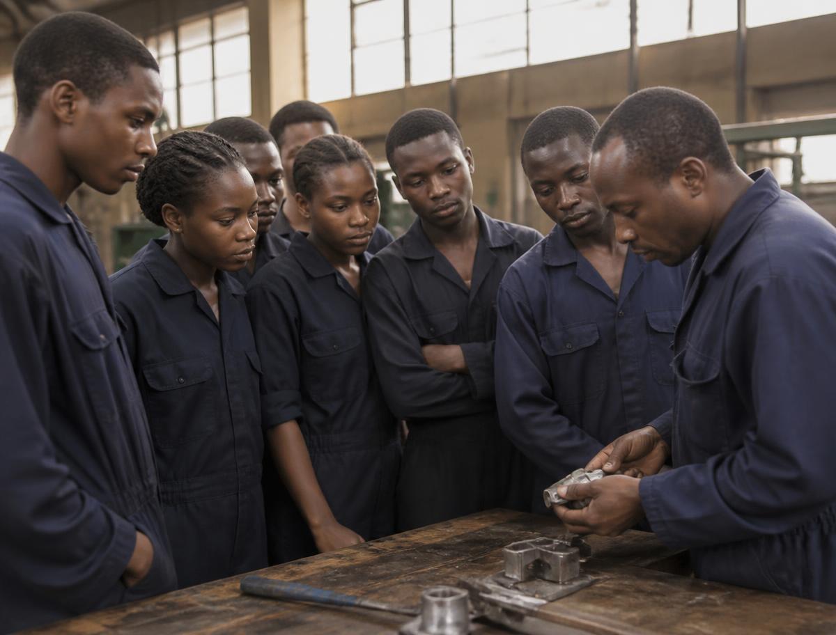 Young men and women in overalls watching an instructor at a vocational training bench