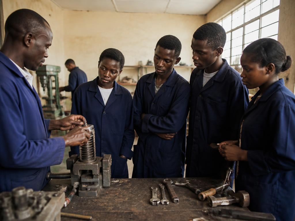 Young men and women in overalls watching an instructor at a vocational training bench