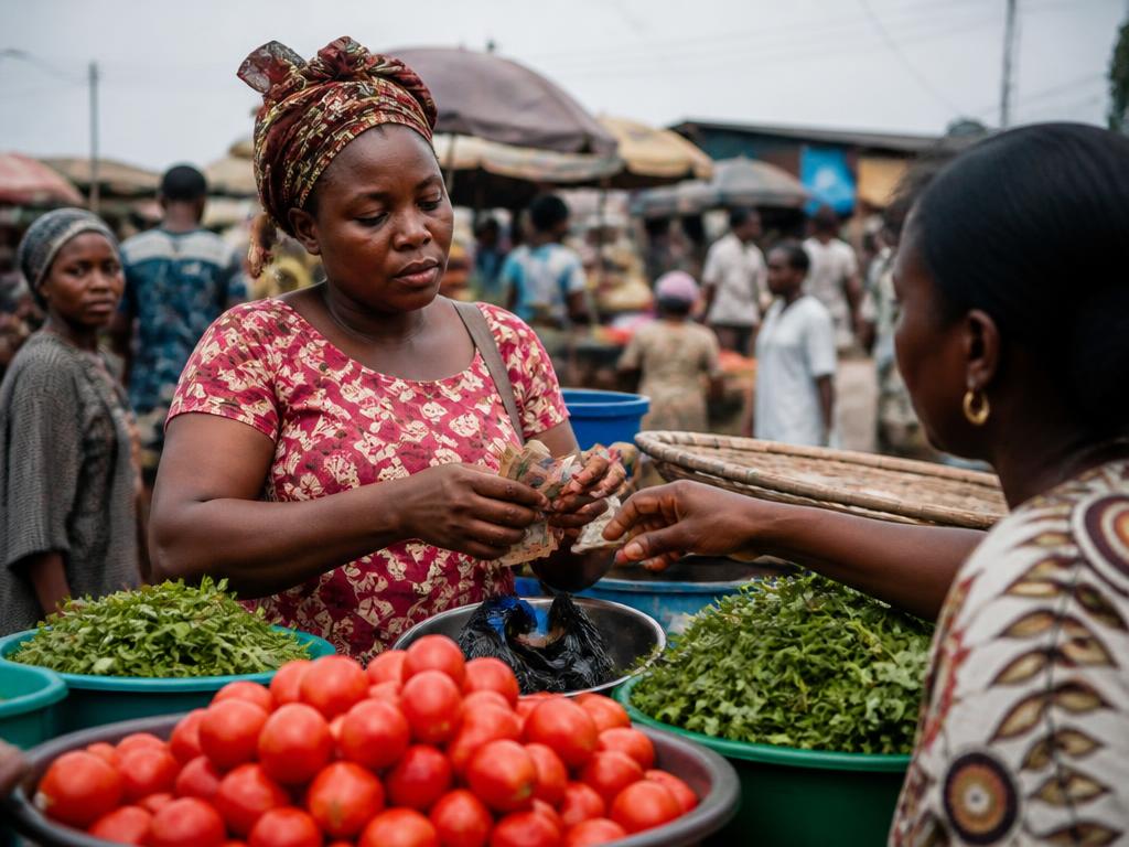 A woman trader counting banknotes at her produce stall in a busy street market