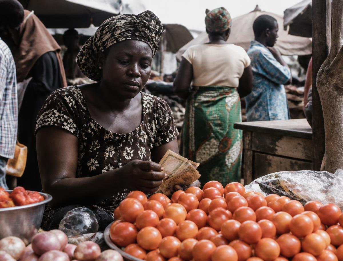 A woman trader counting banknotes at her produce stall in a busy street market