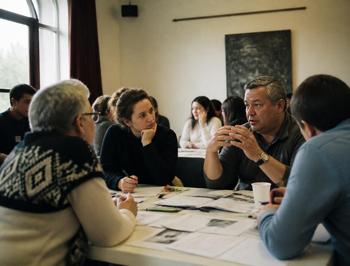 Participants talking in small groups around a table of documents during a working session