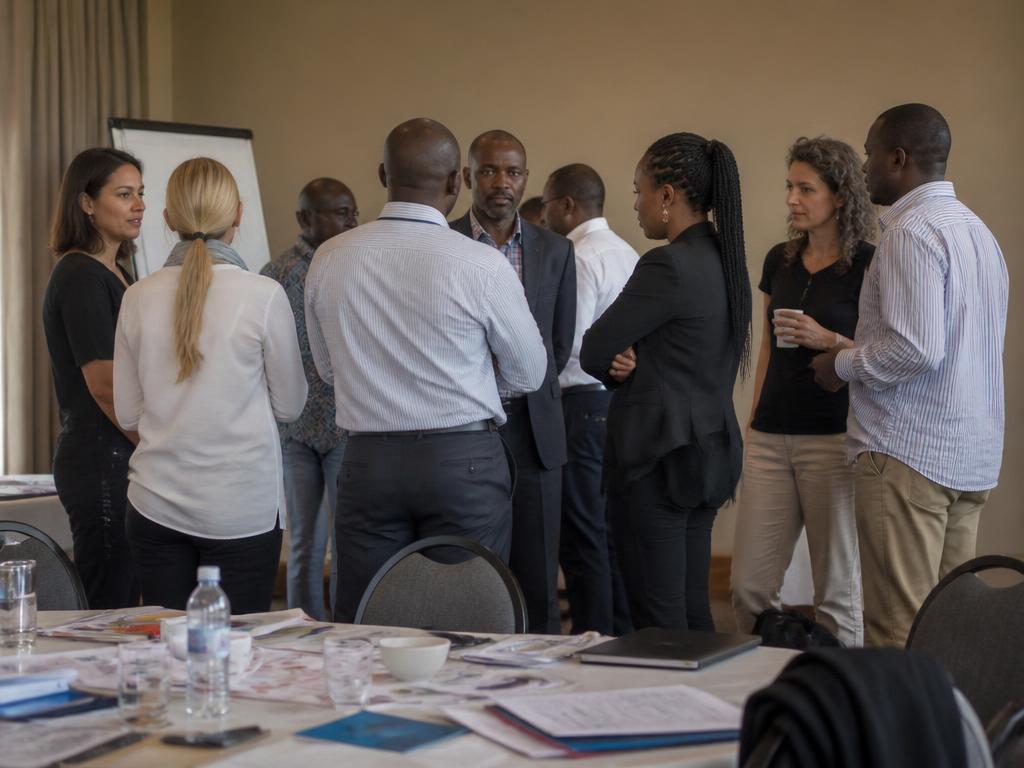 Participants talking in small groups around a table of documents during a working session