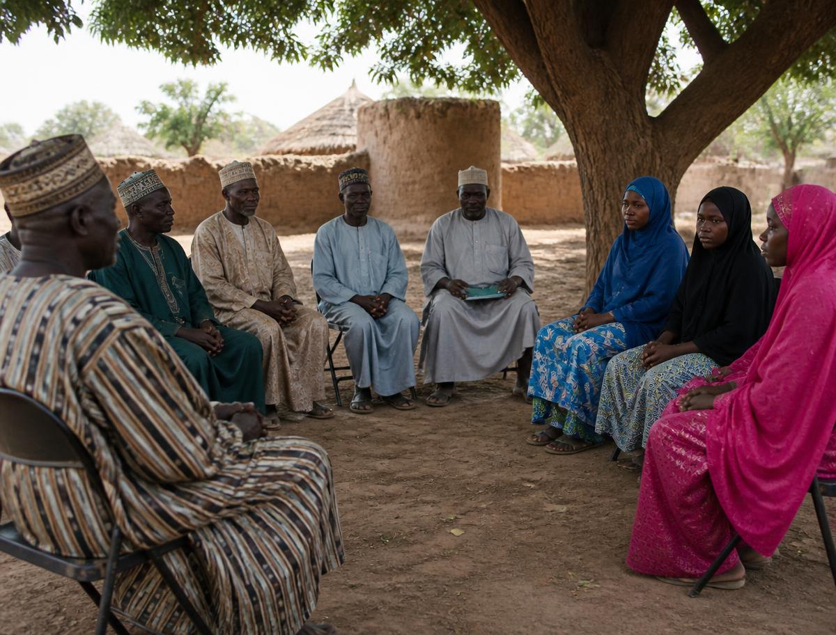 Community elders and young women seated in a circle during a consultation