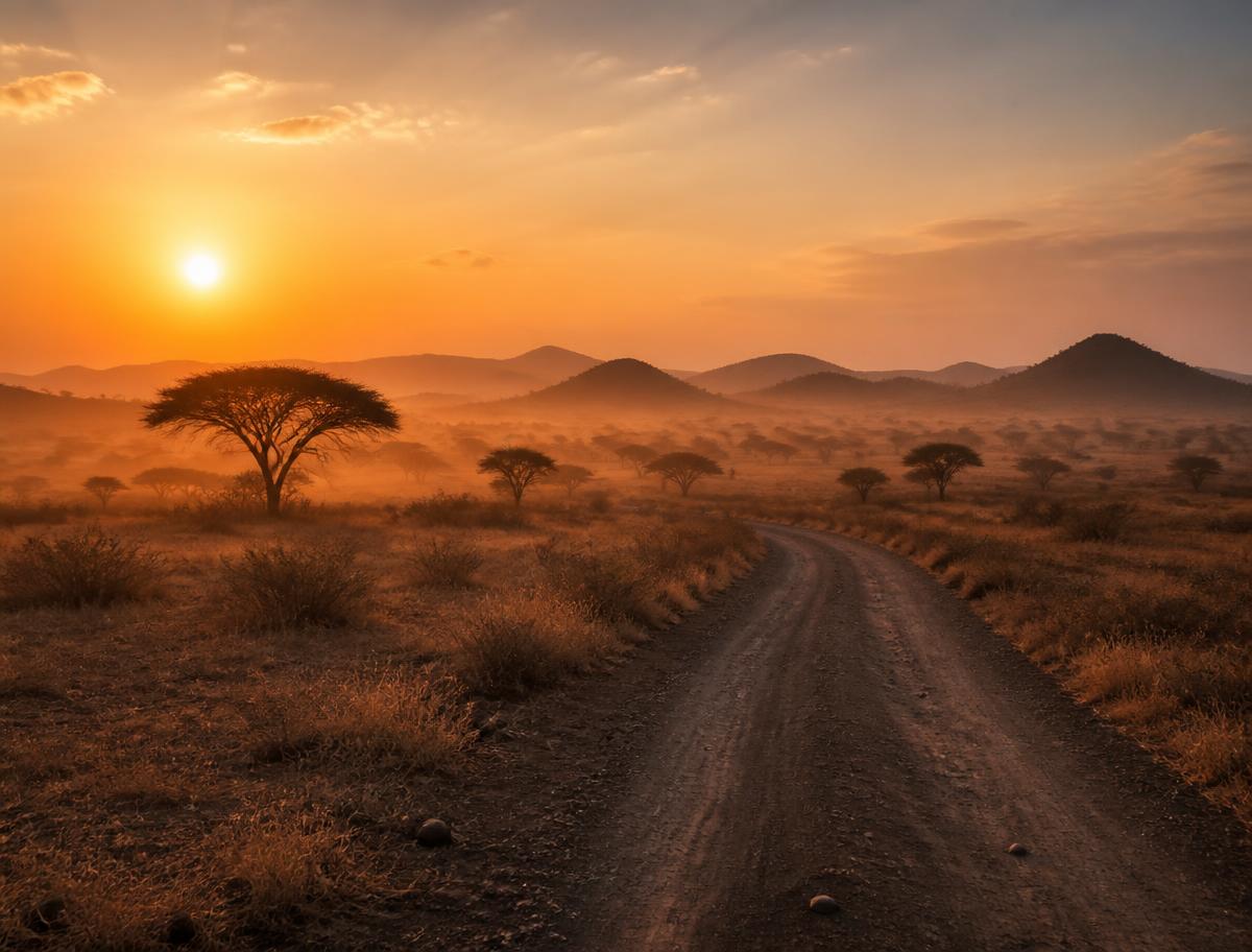 A road running through open savannah towards distant hills at sunrise